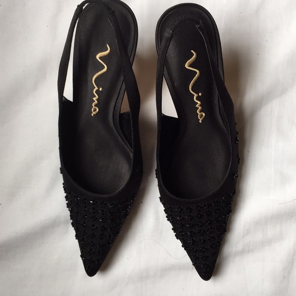 Black Nina Beaded Point Toe Sling-Back Heel Pumps - Picture 2 of 5